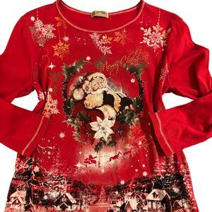 Blue Canyon Womens Red Christmas Long Sleeve Santa Graphic Shirt Size XL